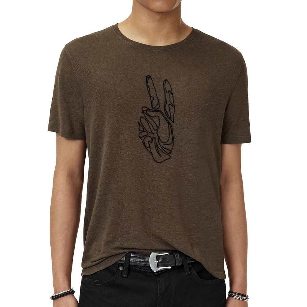 John Varvatos Men's Peace Sign Hand Cording Applique Crew T-Shirt Linen Teakwood